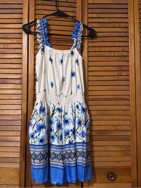 White & Blue Floral Romper with Ruffled Straps